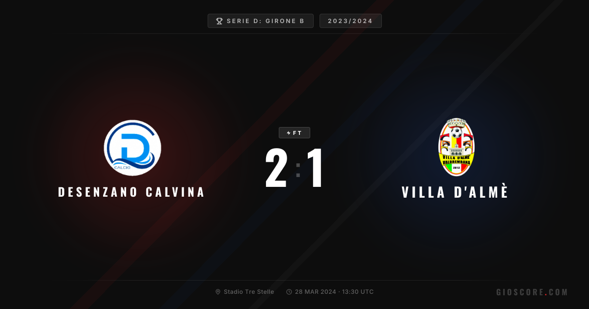 Desenzano Calvina vs Villa d'Almè (2-1) result, stats & H2H